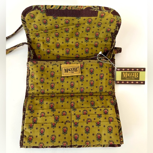 MAGGIB wallet‎ purse with cross body strap brown/green/yellow/pink paisley - Picture 1 of 9